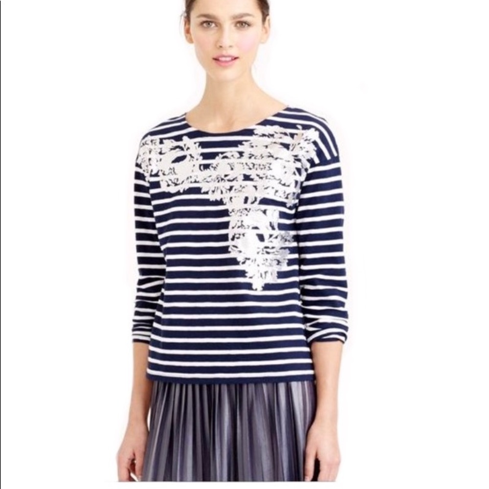 J. Crew Navy Striped Silver Floral Long Sleeve L